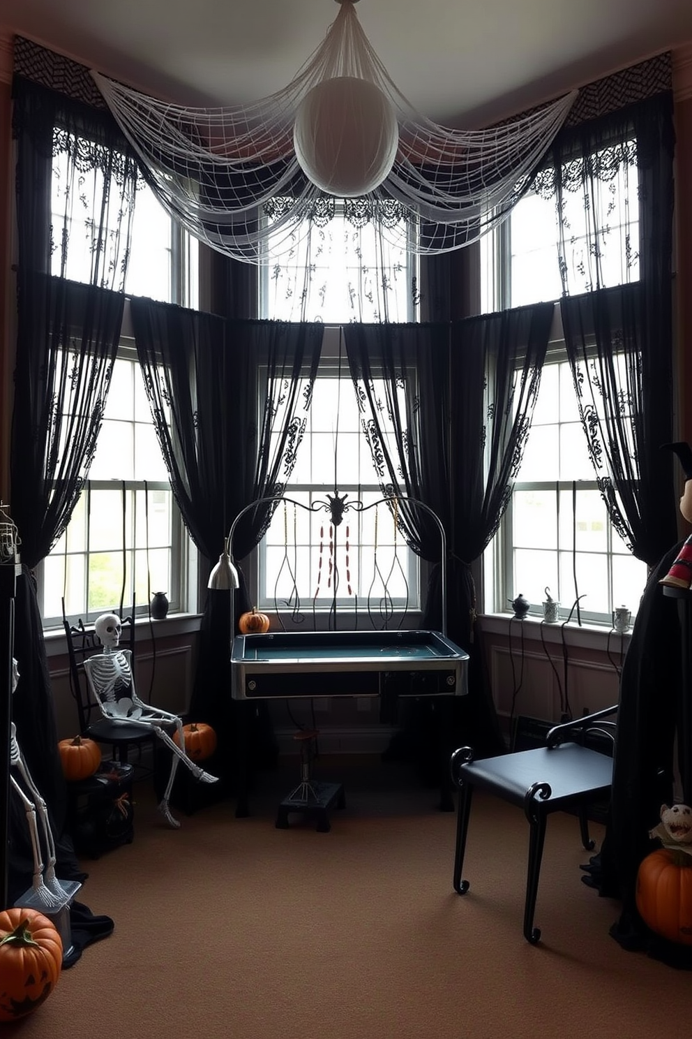 A Halloween game room features black lace curtains that create a dramatic and eerie atmosphere. The room is filled with themed decorations such as cobwebs, skeletons, and pumpkin accents to enhance the festive spirit.