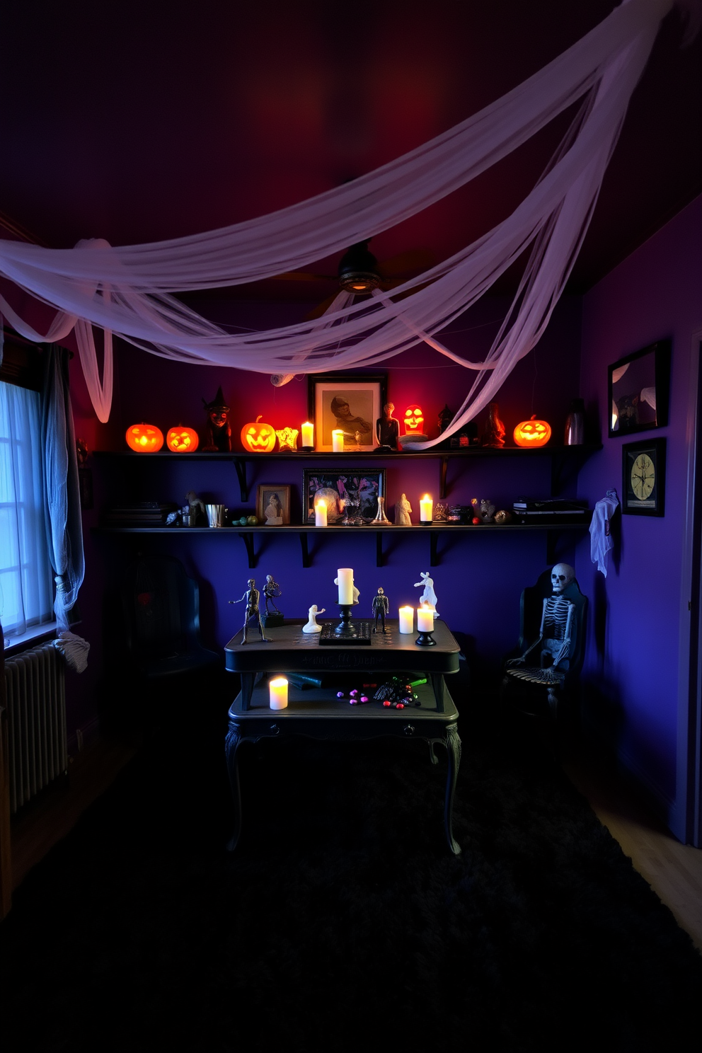 A Halloween game room filled with eerie decorations and dim lighting. Cobwebs stretch across the ceiling while glowing jack-o'-lanterns sit on the shelves, casting flickering shadows. A vintage game table is adorned with themed accessories like skeleton figurines and ghostly candles. The walls are painted in deep purple, and a plush black rug adds a cozy yet spooky touch to the space.