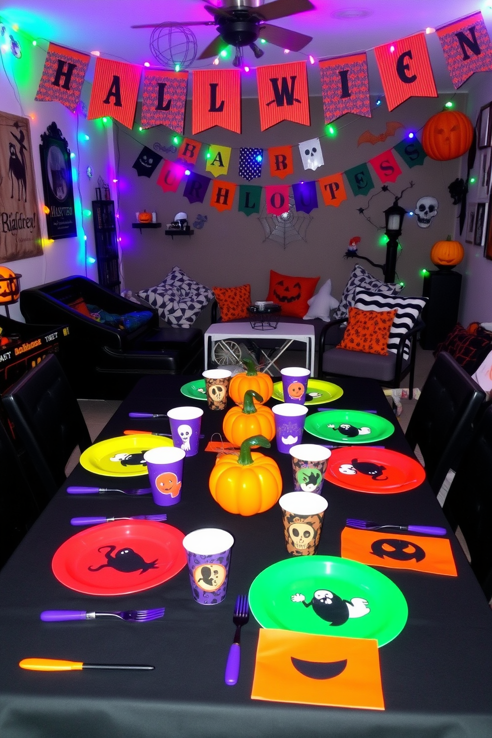 A vibrant Halloween-themed table setting featuring an array of colorful plates, cups, and napkins adorned with spooky designs. The table is set with a black tablecloth and accented with orange and purple centerpieces, including miniature pumpkins and ghost decorations. A fun and playful Halloween game room decorated with festive banners and string lights in various colors. The walls are adorned with Halloween-themed artwork, and a cozy seating area is arranged with throw pillows in seasonal patterns.