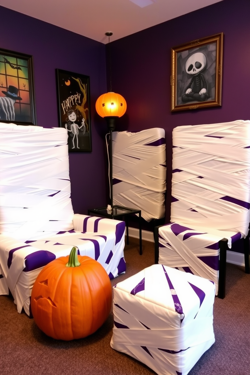 A playful Halloween game room featuring mummy-wrapped furniture that adds a fun twist to the decor. The walls are painted in deep purple and adorned with spooky artwork, while a large pumpkin sits in the corner, providing a festive touch.