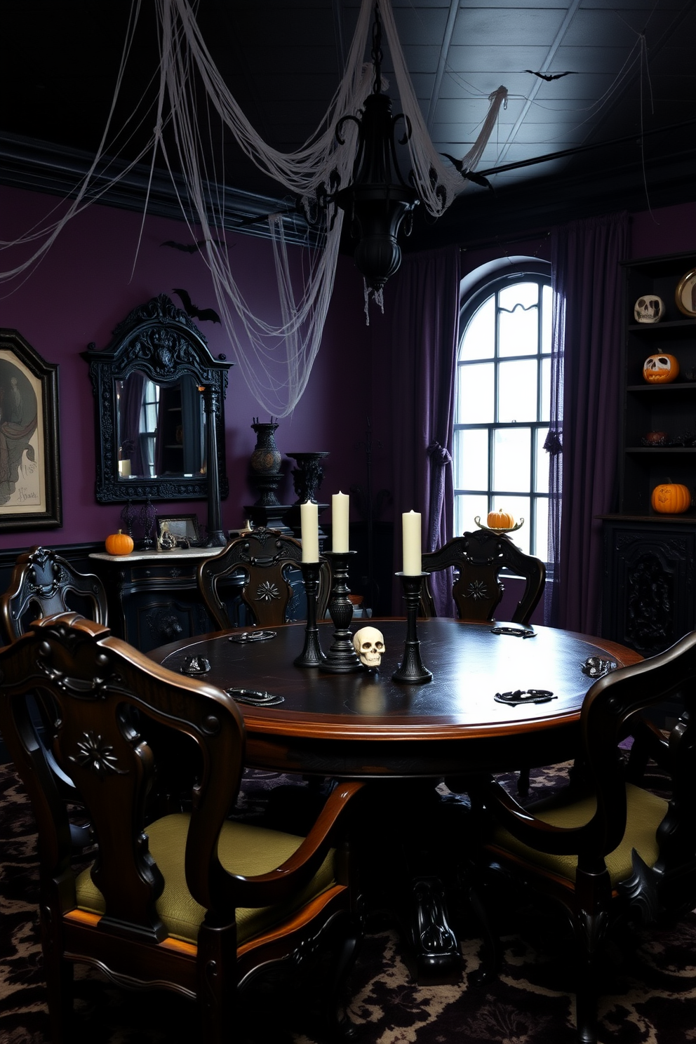 A dark and moody game room featuring gothic-style furniture accents. There are ornate wooden chairs with intricate carvings and a large, round table made of dark oak, adorned with candle holders and skull motifs. The walls are painted in deep shades of purple and black, creating an eerie atmosphere. Cobwebs are draped from the corners, and Halloween decorations like pumpkins and bats are scattered throughout the space.