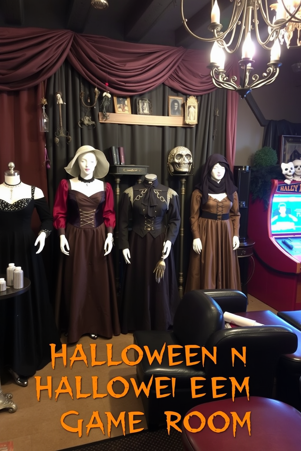 A vintage costume display features several elegantly dressed mannequins showcasing costumes from different eras. The backdrop is adorned with rich, dark fabrics and antique props that enhance the nostalgic atmosphere. The Halloween game room is designed with playful yet spooky elements. Creepy decorations, themed lighting, and comfortable seating create an inviting space for fun and entertainment.