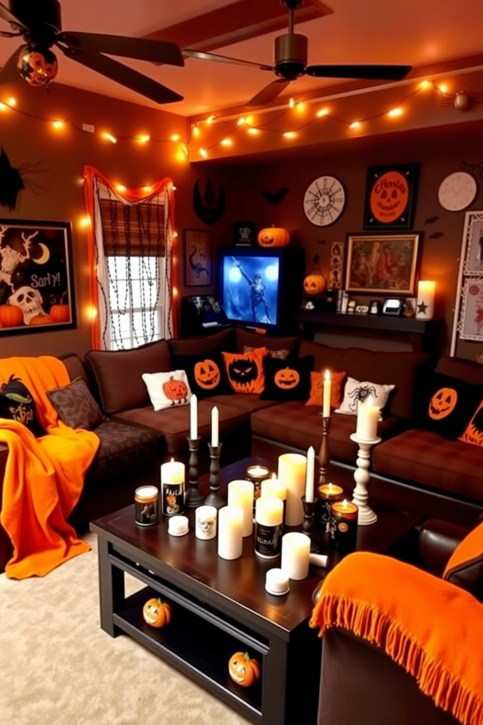 A cozy game room adorned with Halloween decorations. The space features a large sectional sofa draped in orange and black throw blankets, surrounded by themed cushions. On a central coffee table, an assortment of Halloween candles in various shapes and sizes create a warm and inviting atmosphere. The walls are decorated with spooky artwork and string lights, enhancing the festive vibe.