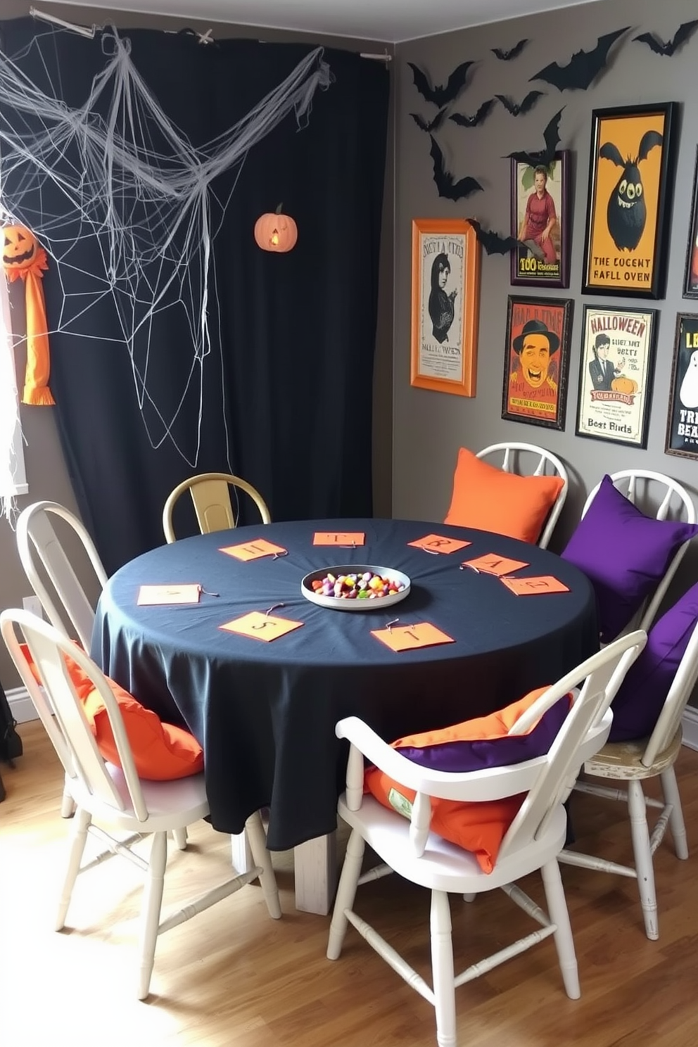 A cozy Halloween trivia game corner is designed with a large round table covered in a black tablecloth. Surrounding the table are mismatched chairs adorned with orange and purple cushions, creating a festive atmosphere. On the walls, spooky decorations like cobwebs, hanging bats, and framed vintage Halloween posters add to the theme. A candy bowl filled with treats sits in the center of the table, inviting guests to enjoy while they play.