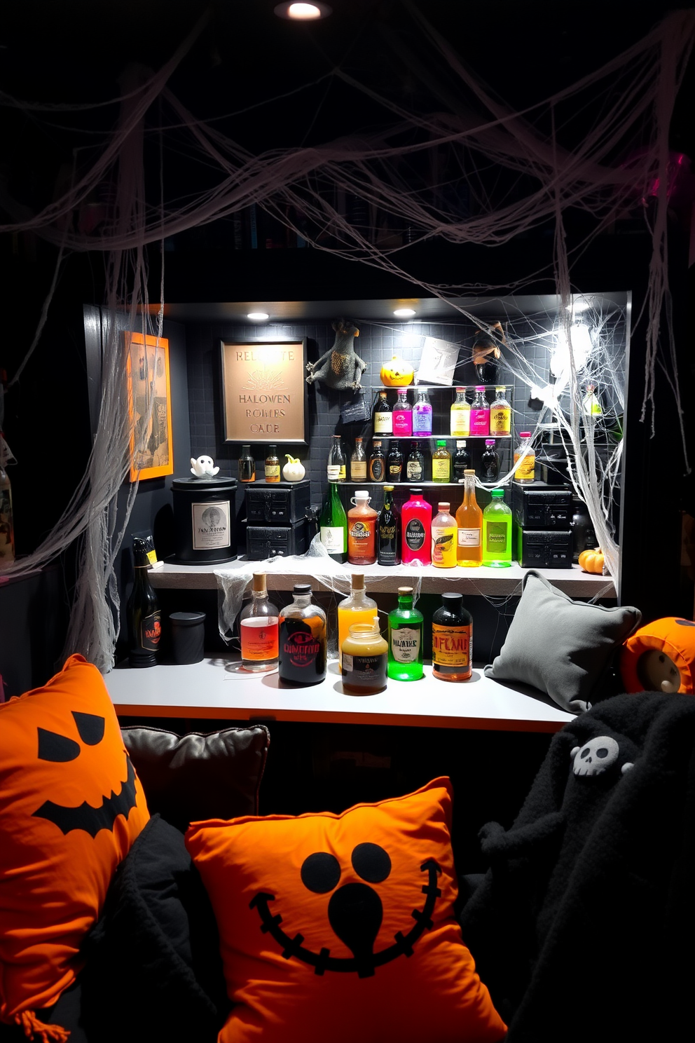 A themed drink station designed for a Halloween game room. The counter is adorned with various potion bottles in vibrant colors, surrounded by cobwebs and spooky decorations. A black and orange color scheme dominates the space, with eerie lighting casting shadows. Plush seating is arranged for comfort, featuring Halloween-themed cushions and blankets.