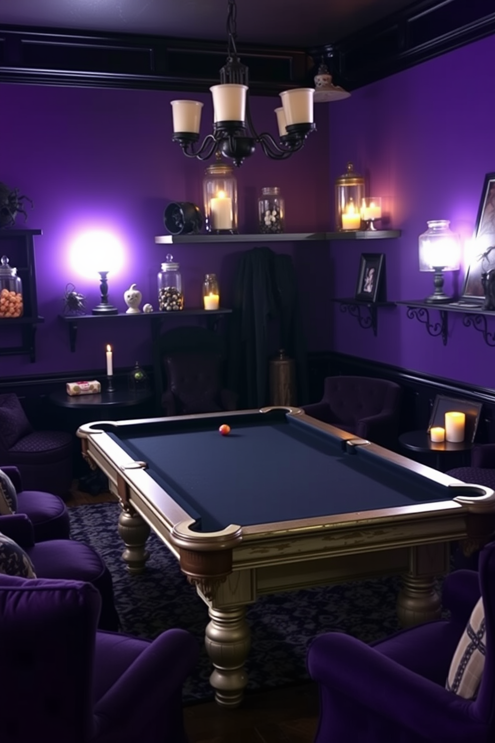 A Halloween game room features a dark ambiance with walls adorned in deep purple and black. Decorative jars filled with creepy crawlies like spiders and insects are strategically placed on shelves and tables, enhancing the spooky atmosphere. The space includes a vintage pool table with a distressed finish, surrounded by plush seating in rich, dark fabrics. Flickering candles and eerie lighting create shadows that dance across the room, adding to the hauntingly fun vibe.