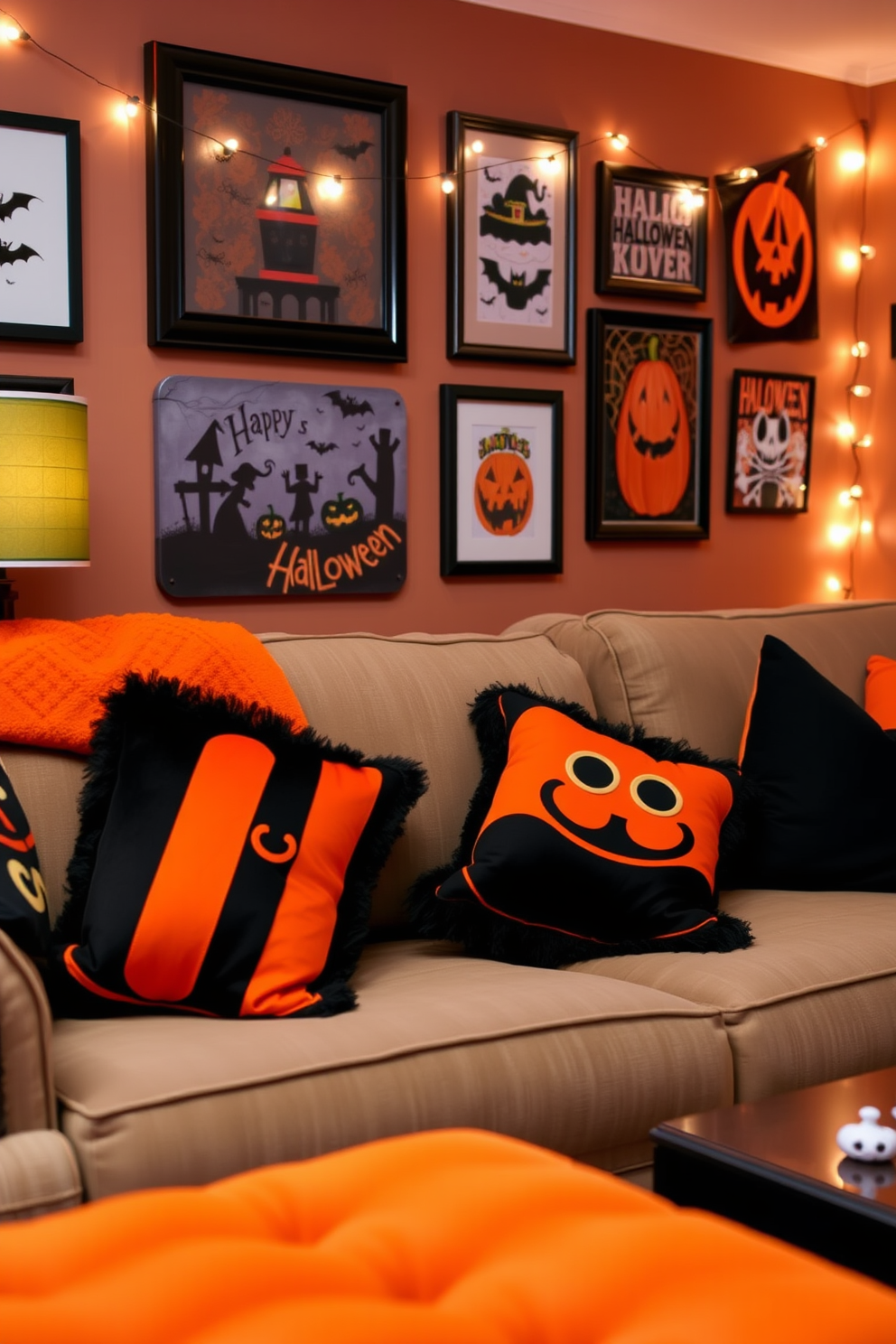 A vibrant game room setting featuring a cozy sofa adorned with black and orange throw pillows. The walls are decorated with Halloween-themed artwork and string lights that create a festive atmosphere.