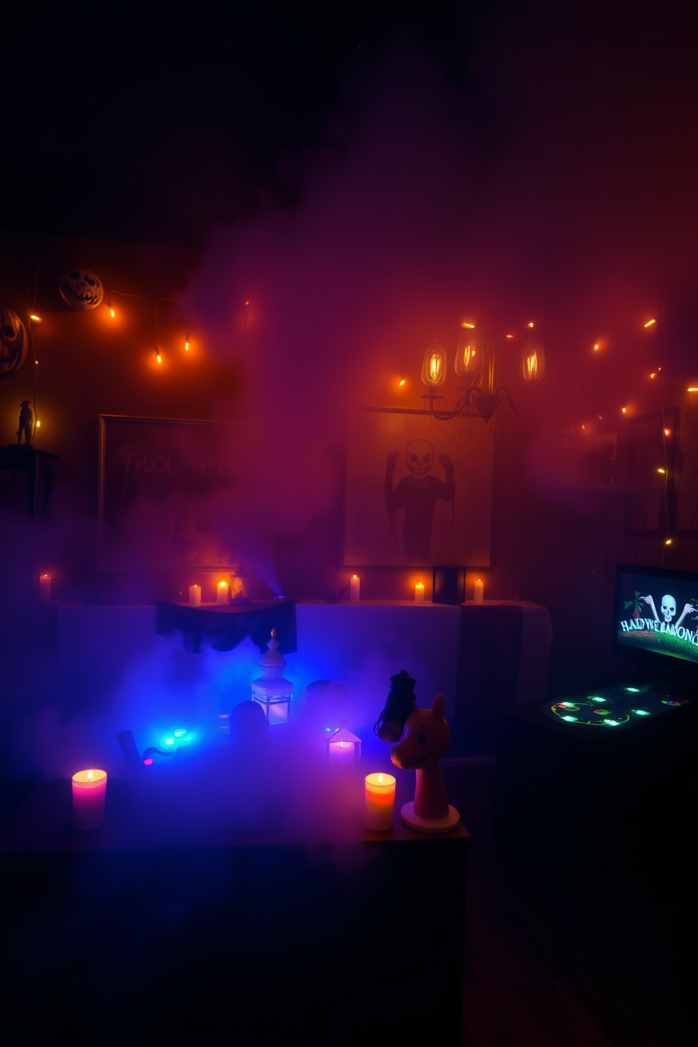 A Halloween game room filled with excitement and mystery. The atmosphere is enhanced by a mysterious fog machine creating an eerie ambiance throughout the space. The walls are adorned with dark, spooky artwork and themed decorations. Flickering LED candles and string lights add a touch of warmth while maintaining the haunting vibe.