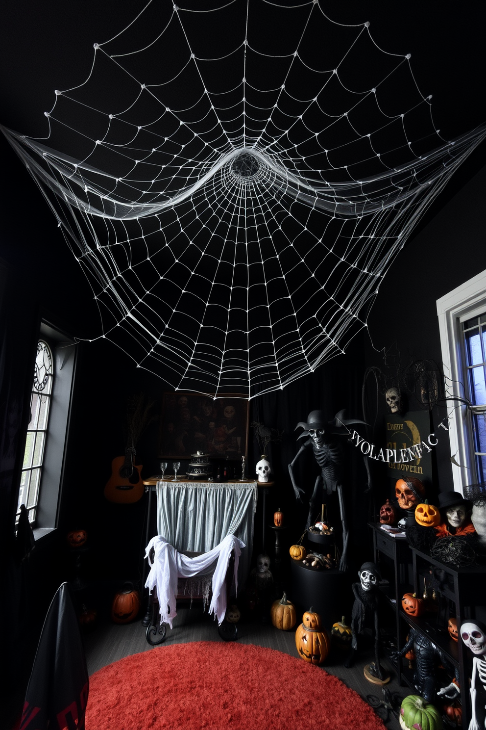 A giant spider web stretches across the room, creating a spooky atmosphere perfect for Halloween. Dark corners are adorned with eerie decorations, while a collection of themed props enhances the festive spirit.