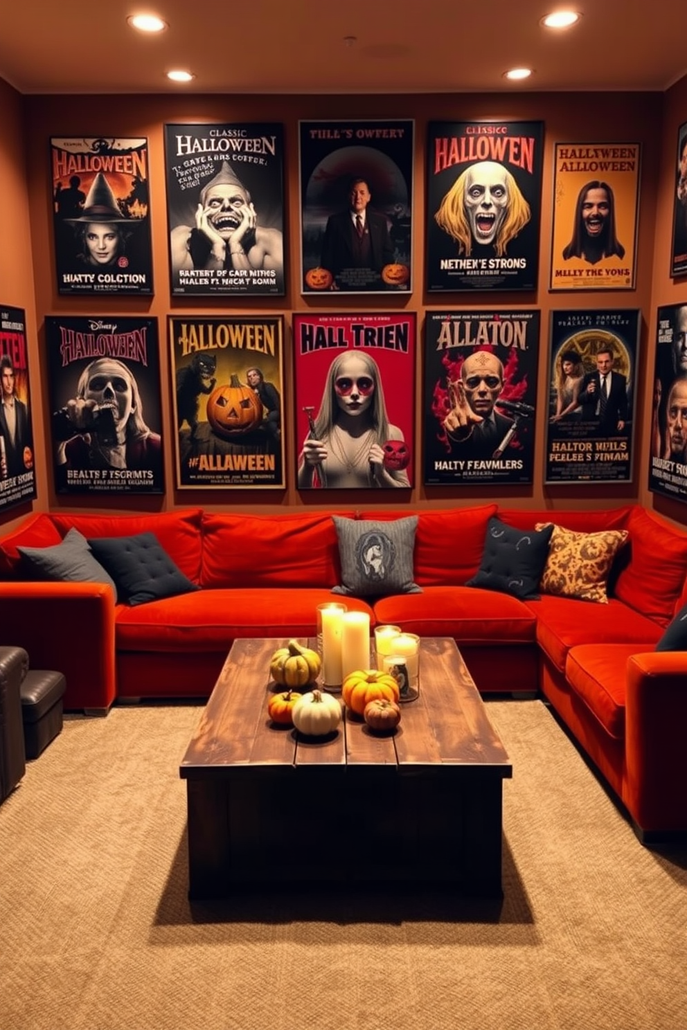 A cozy game room designed for Halloween festivities. The walls are adorned with vintage Halloween movie posters featuring classic horror films, creating an eerie yet nostalgic atmosphere. Soft lighting casts a warm glow over the room, highlighting a comfortable sectional sofa in deep orange fabric. A rustic wooden coffee table sits in the center, surrounded by themed decor like miniature pumpkins and spooky candles.