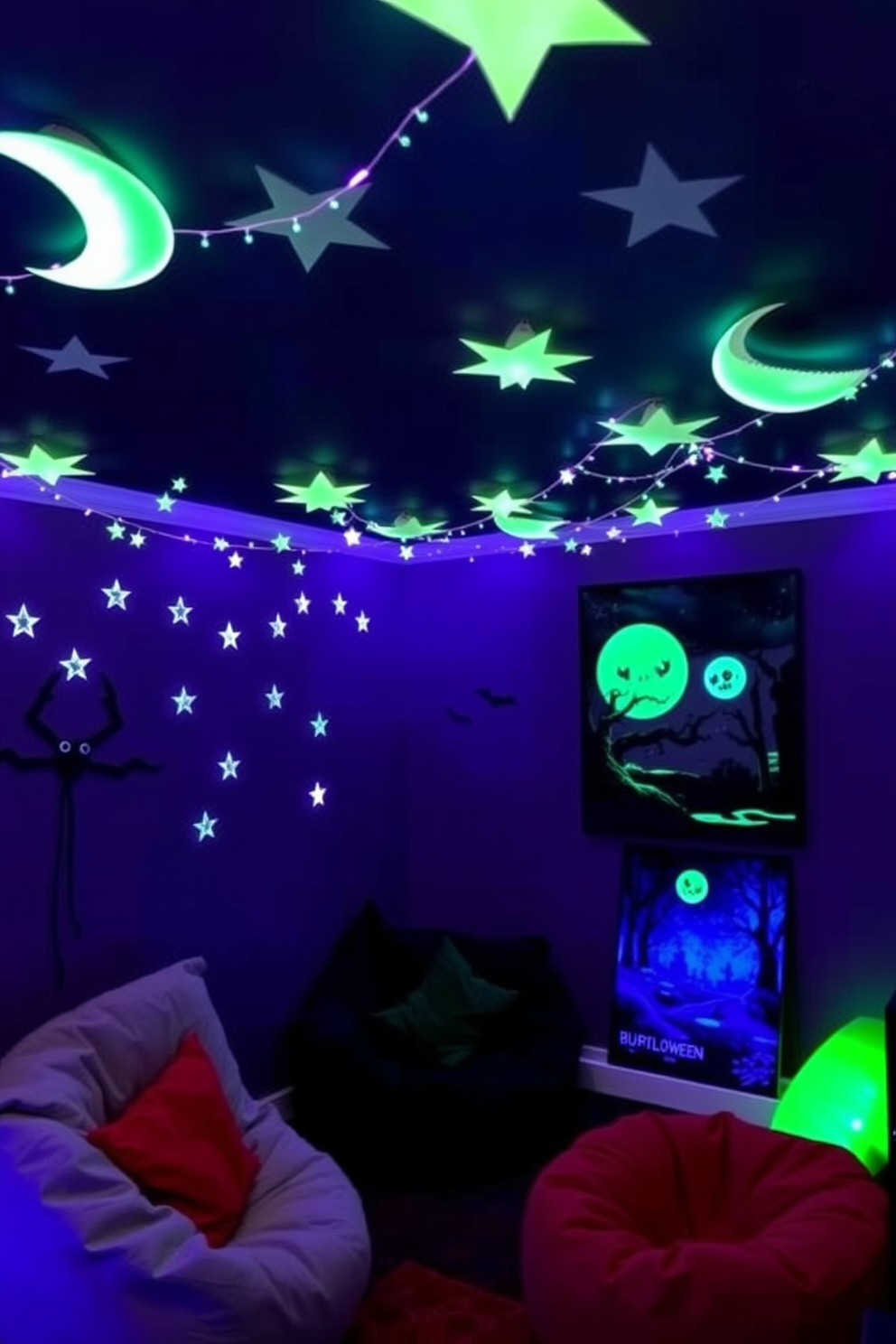 A whimsical game room decorated for Halloween features glow in the dark stars and moons adorning the ceiling, creating a magical atmosphere. The walls are painted in deep purple, and a cozy seating area is arranged with plush bean bags and a blacklight poster of a spooky landscape.