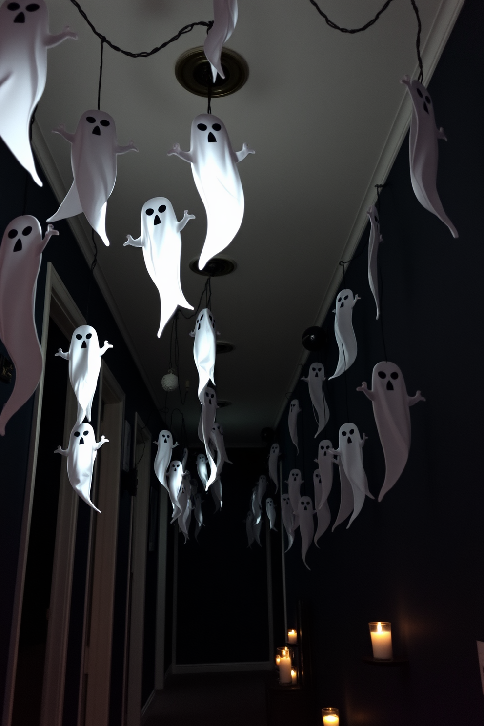 A Halloween hallway is adorned with spooky ghost garlands that hang from the ceiling, creating an eerie atmosphere. The walls are painted in dark hues, and flickering candles line the floor to enhance the haunting vibe.