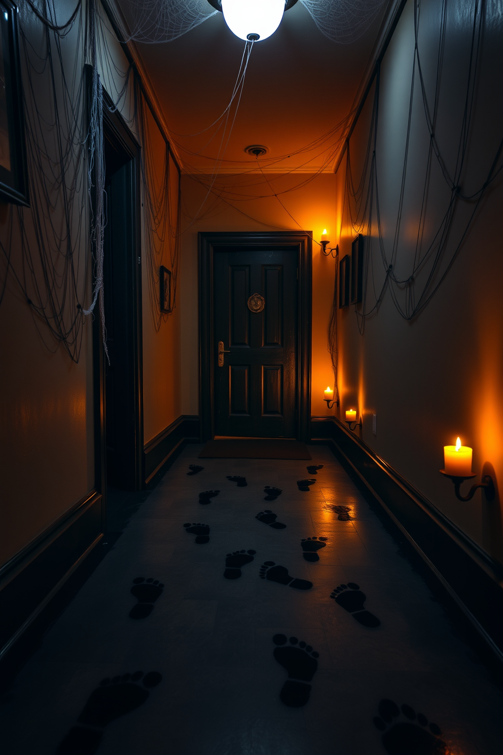 A spooky hallway adorned with floor decals of creepy footprints leading to a mysterious door. The walls are draped with cobwebs, and flickering candles cast eerie shadows, enhancing the Halloween atmosphere.