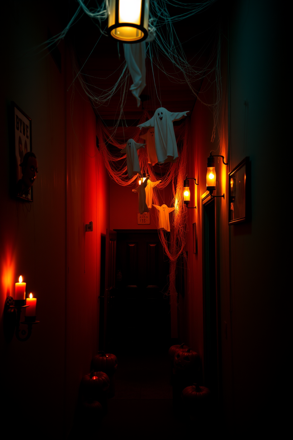 A dimly lit hallway adorned with cobwebs and flickering candlelight creates an eerie atmosphere. Shadows dance on the walls as spooky sound effects play softly in the background, enhancing the Halloween spirit. Hanging from the ceiling are ghostly figures swaying gently, while carved pumpkins line the floor. Wall sconces with orange bulbs cast an unsettling glow, inviting guests into a haunted experience.