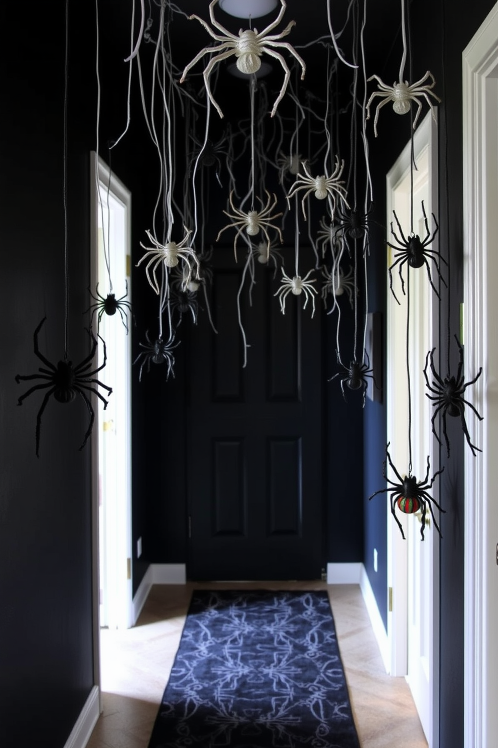 Create a spooky hallway adorned with hanging spider decorations that dangle from the ceiling. The walls are painted in deep black, and the floor is covered with a dark, eerie runner that enhances the Halloween atmosphere.