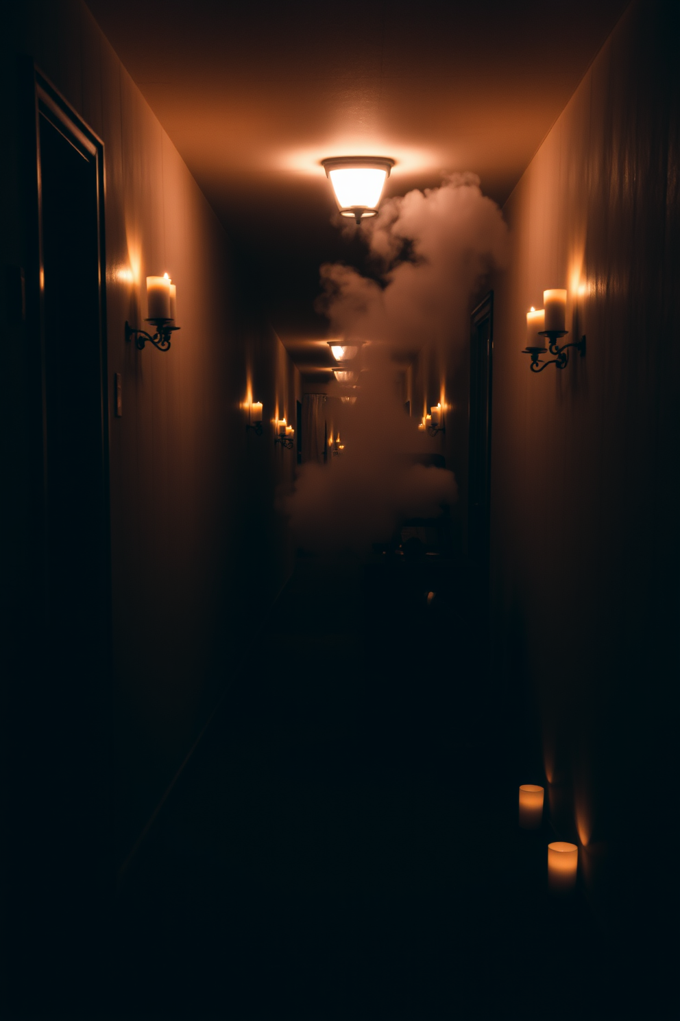 A mysterious fog machine is positioned at the entrance of a dimly lit hallway, creating an eerie atmosphere for Halloween. Flickering LED candles line the walls, casting shadows that dance along the corridors, enhancing the spooky ambiance.