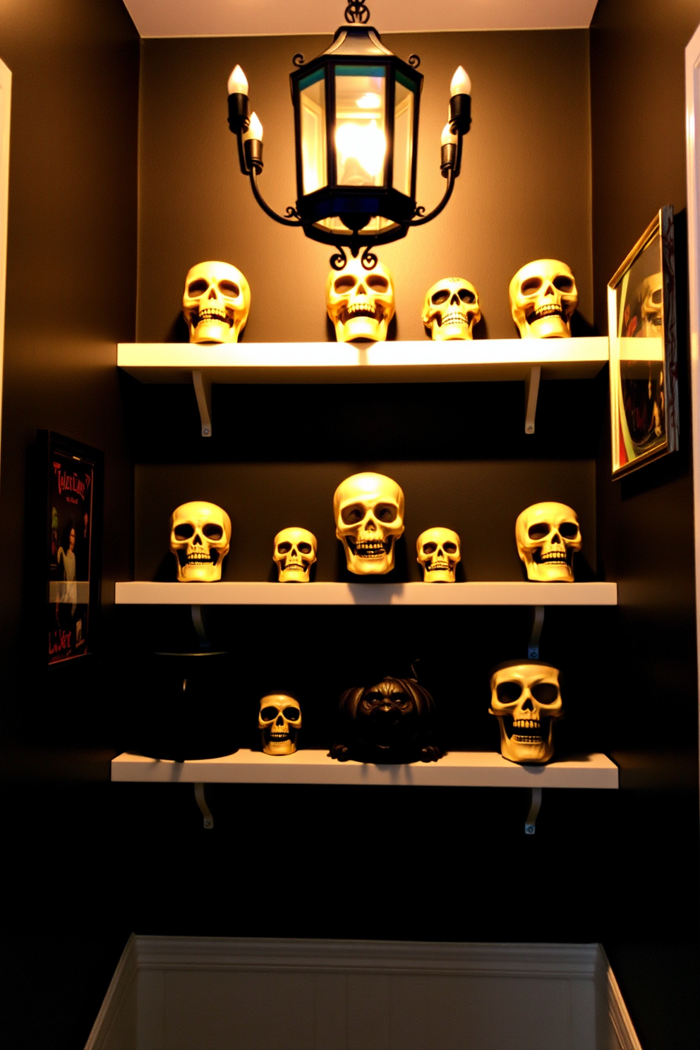 A spooky hallway adorned with decorative skulls placed artfully on various shelves. The walls are painted in a deep black hue, enhancing the eerie ambiance and creating a perfect backdrop for the Halloween theme.