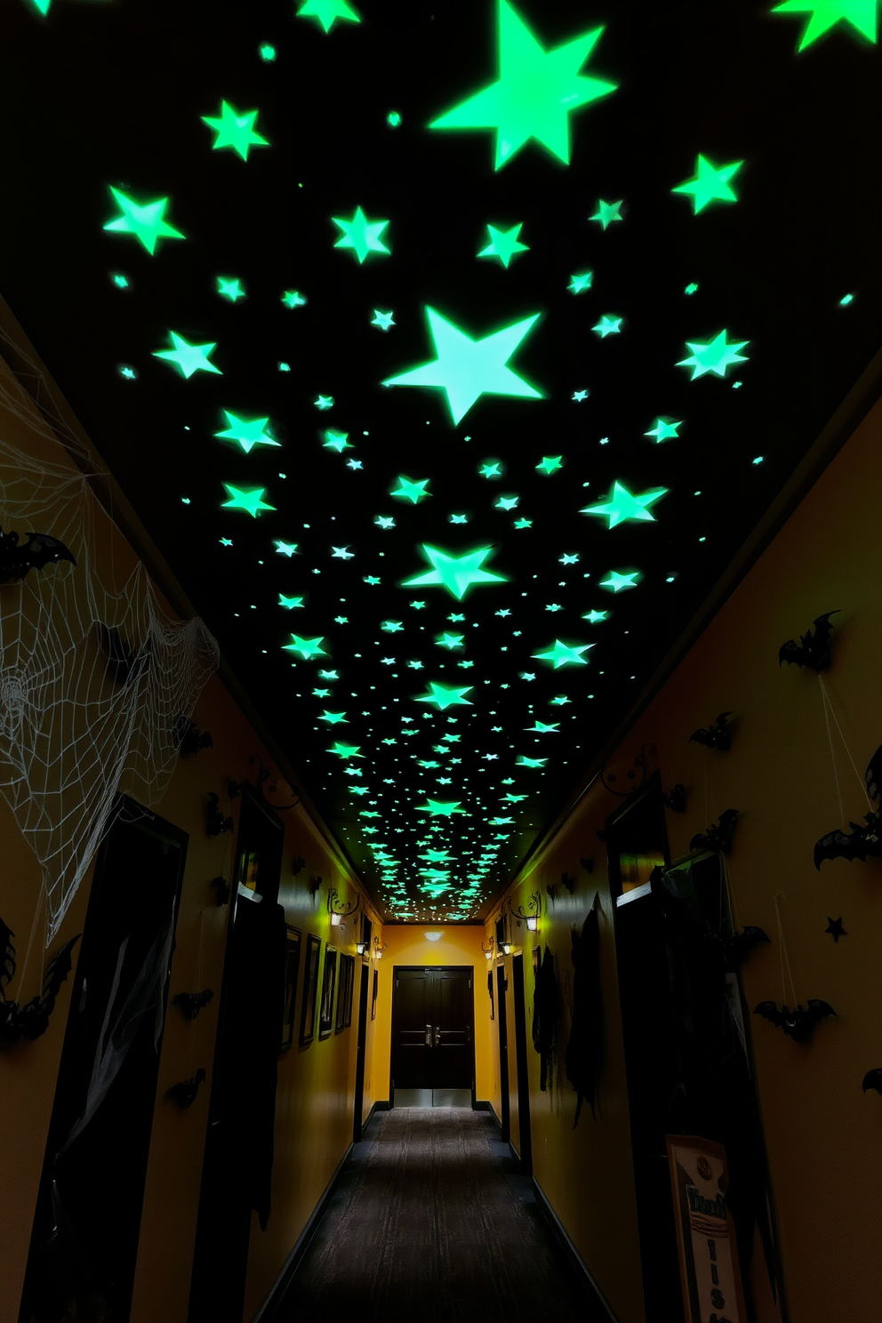 A spooky Halloween hallway features glow-in-the-dark stars scattered across the ceiling, creating a magical night sky effect. Along the walls, eerie decorations like cobwebs and hanging bats enhance the festive atmosphere, inviting guests to explore the haunted space.