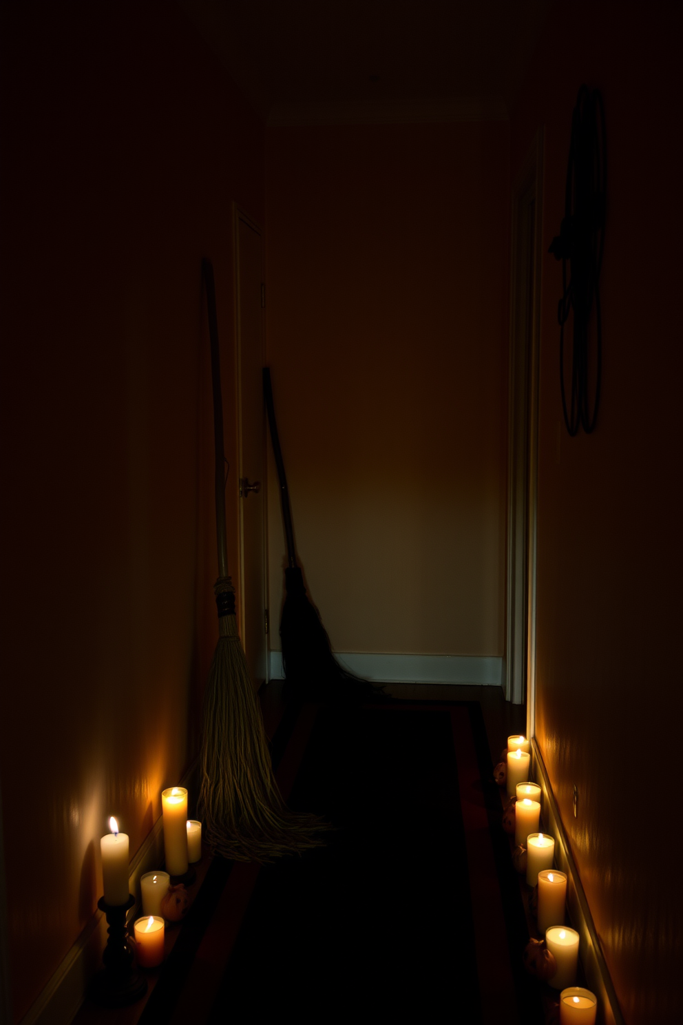 A spooky hallway adorned for Halloween features a witch's broom leaning against the wall. The floor is covered with a black and orange runner, and flickering candles line the edges, casting eerie shadows.