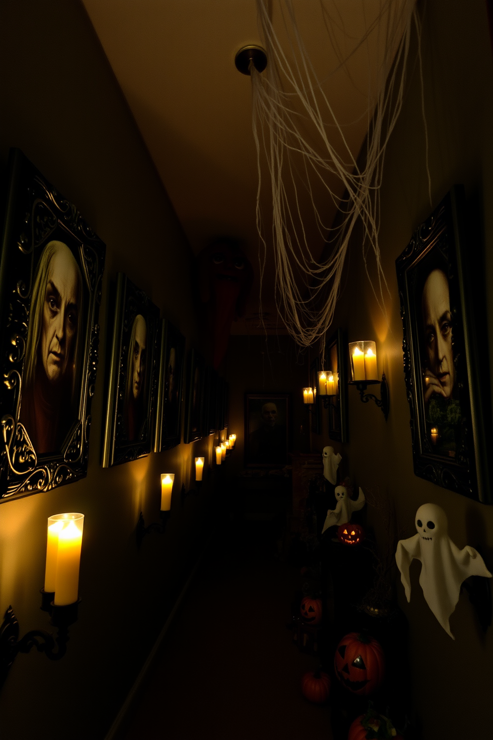 Creepy portraits line the walls of a dimly lit hallway, each frame adorned with intricate gothic designs. The portraits feature unsettling figures whose eyes seem to follow you as you walk by, enhancing the eerie atmosphere. Flickering candles cast shadows that dance across the walls, while cobwebs drape from the ceiling, adding to the haunted aesthetic. Spooky decorations like ghostly apparitions and carved pumpkins complete the Halloween-themed hallway, inviting thrill-seekers to explore further.