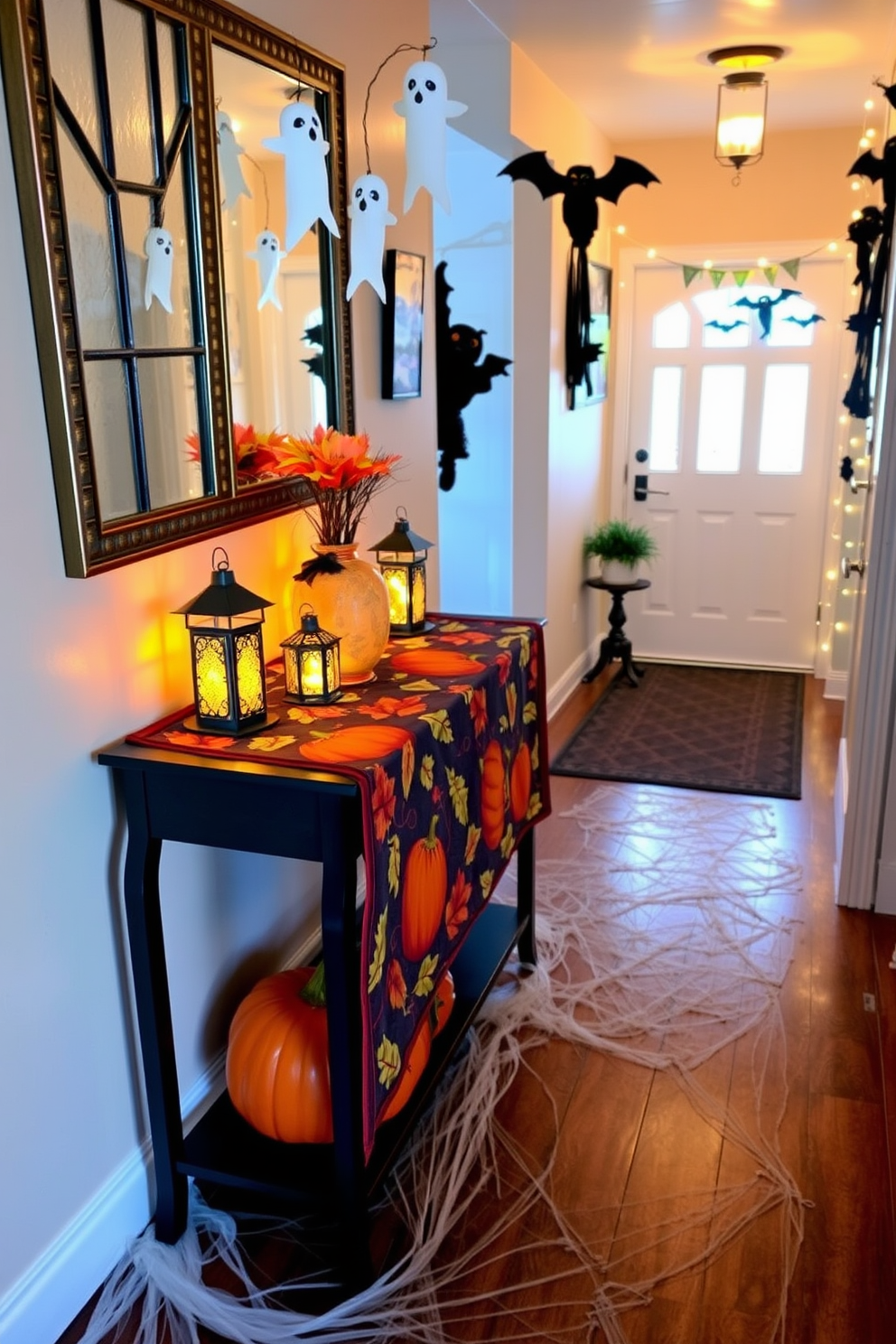 A festive console table adorned with a vibrant Halloween-themed table runner featuring pumpkins and autumn leaves. The table is flanked by small decorative lanterns casting a warm glow, enhancing the spooky atmosphere. A hallway decorated with spooky elements like hanging ghost decorations and string lights. The floor is lined with faux cobwebs, creating an inviting yet eerie entrance for guests.