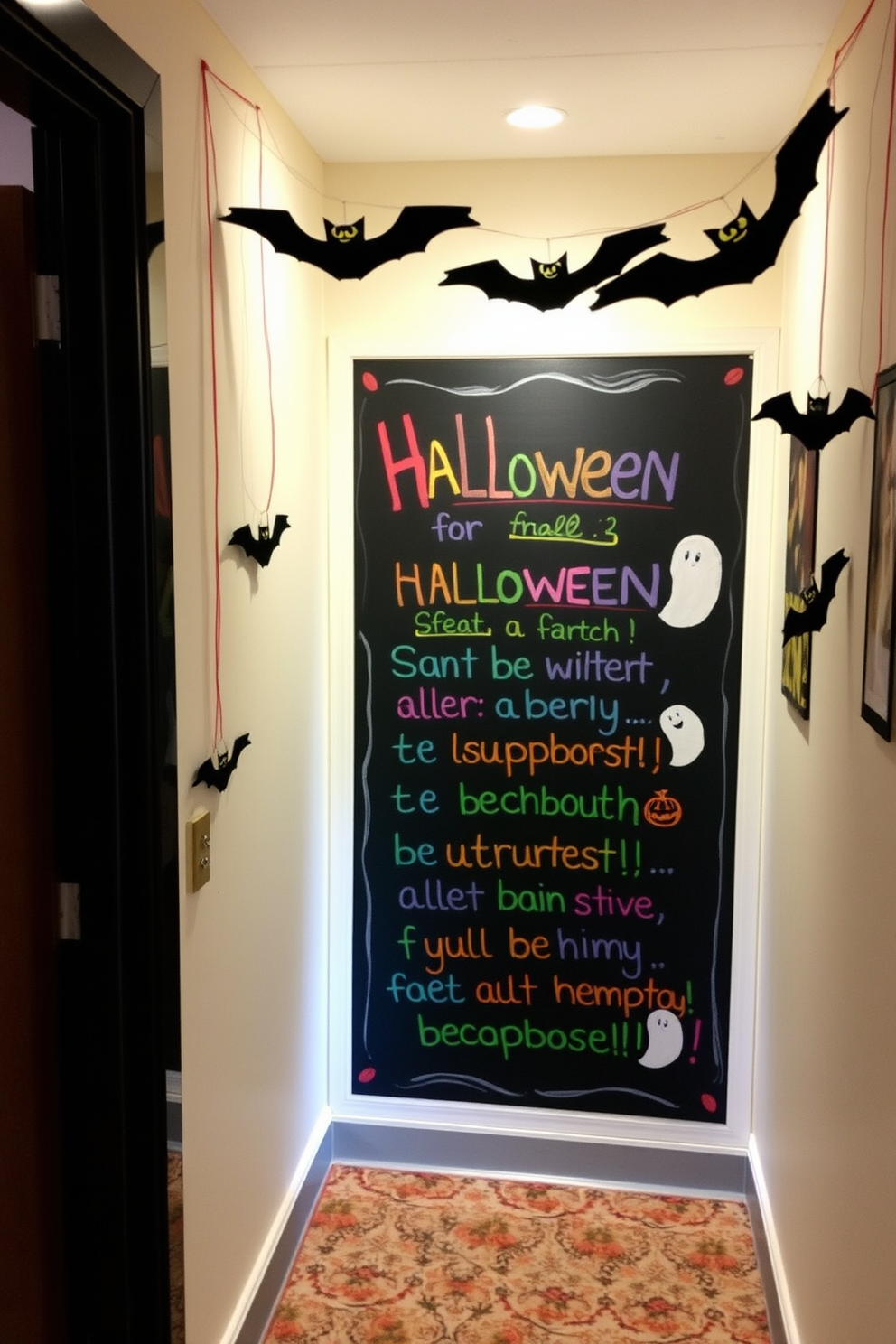 A whimsical hallway adorned with a large chalkboard featuring colorful Halloween messages. Surrounding the chalkboard are playful decorations like hanging bats and ghostly silhouettes, creating a festive atmosphere.