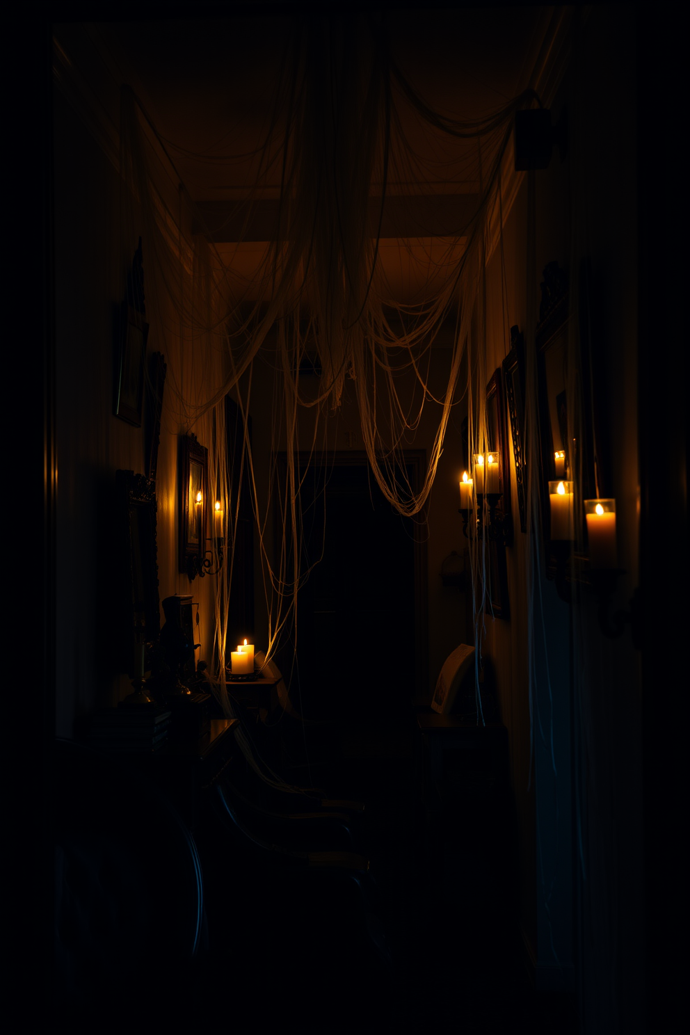 A dimly lit hallway is filled with an eerie atmosphere as creepy cobwebs drape over vintage furniture and ornate picture frames. Flickering candles cast shadows on the walls, enhancing the haunting decor with a touch of Halloween spirit.