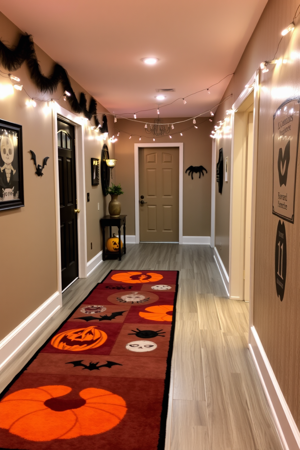 A cozy hallway adorned with a rug featuring vibrant Halloween patterns. The walls are decorated with spooky artwork and string lights that create an inviting atmosphere.