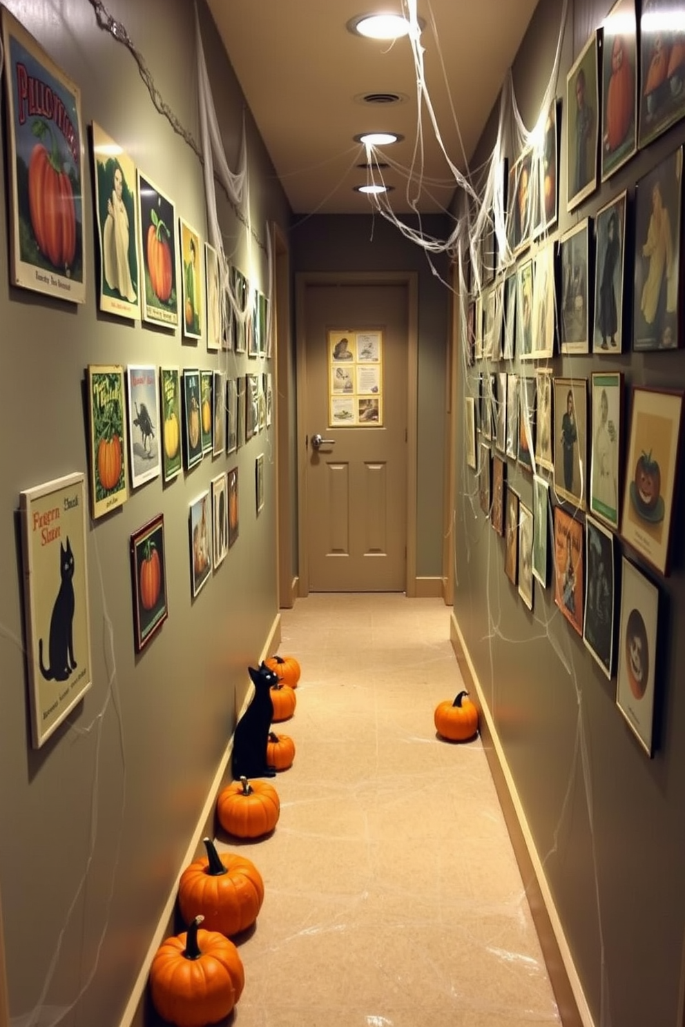 Vintage Halloween postcards displayed on the walls create a nostalgic and festive atmosphere. The postcards feature classic Halloween imagery such as pumpkins, ghosts, and black cats, arranged in an eclectic gallery style. The hallway is adorned with cobwebs and small decorative pumpkins placed along the floor. Soft, warm lighting enhances the spooky yet inviting ambiance, making it a perfect space for Halloween celebrations.