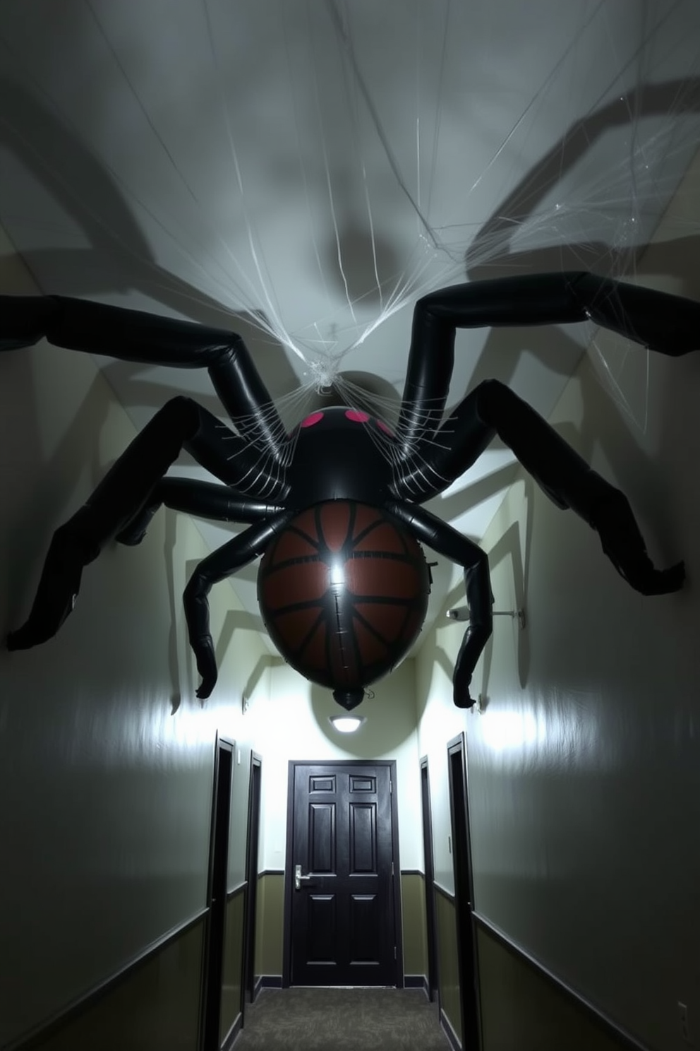 A giant inflatable spider looms in the hallway, casting a spooky shadow against the walls. Surrounding it, cobwebs stretch across the ceiling, creating an eerie atmosphere perfect for Halloween.