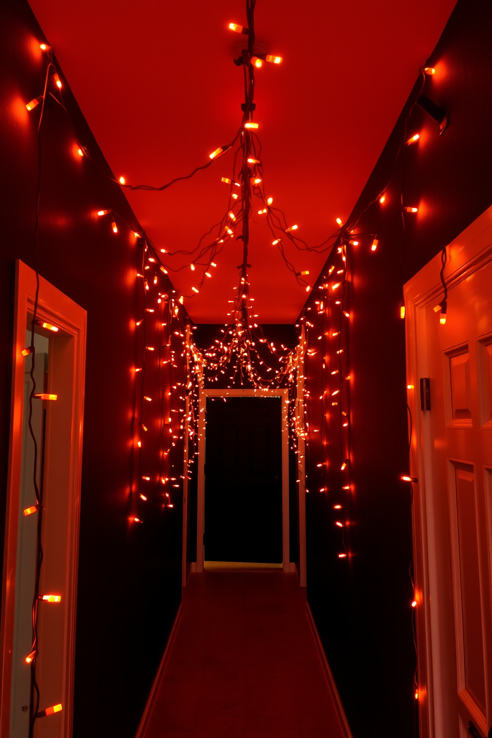 A whimsical hallway adorned with hanging strings of orange lights creates a festive atmosphere for Halloween. The walls are painted in a deep black shade, contrasting beautifully with the vibrant glow of the lights.