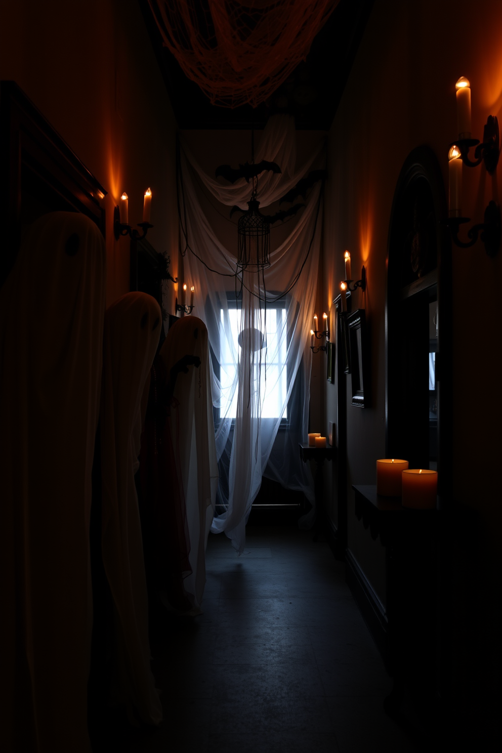 A spooky hallway adorned with eerie decorations. Ghostly figures peek around corners, shrouded in translucent white fabric, creating an unsettling yet whimsical atmosphere. Dim lighting casts shadows that dance along the walls, enhancing the haunting effect. Flickering candles and cobwebs add to the Halloween charm, inviting guests into a world of spooky delight.