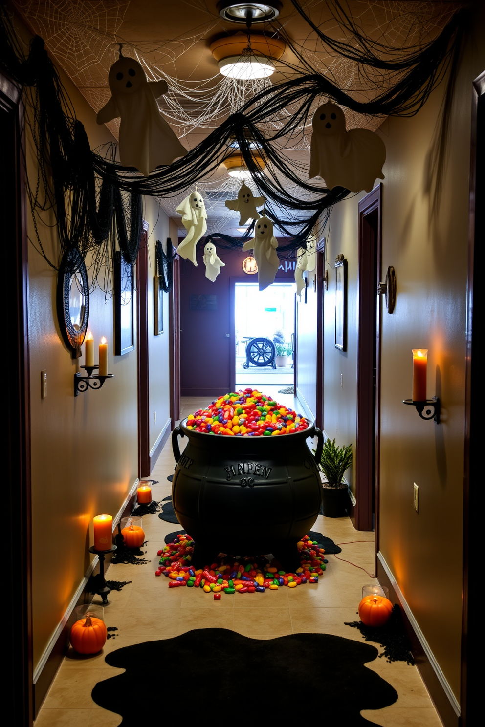 A whimsical hallway decorated for Halloween features a decorative cauldron brimming with an assortment of colorful candies. Surrounding the cauldron are spooky-themed decorations such as cobwebs, flickering candle lights, and playful ghosts hanging from the ceiling.