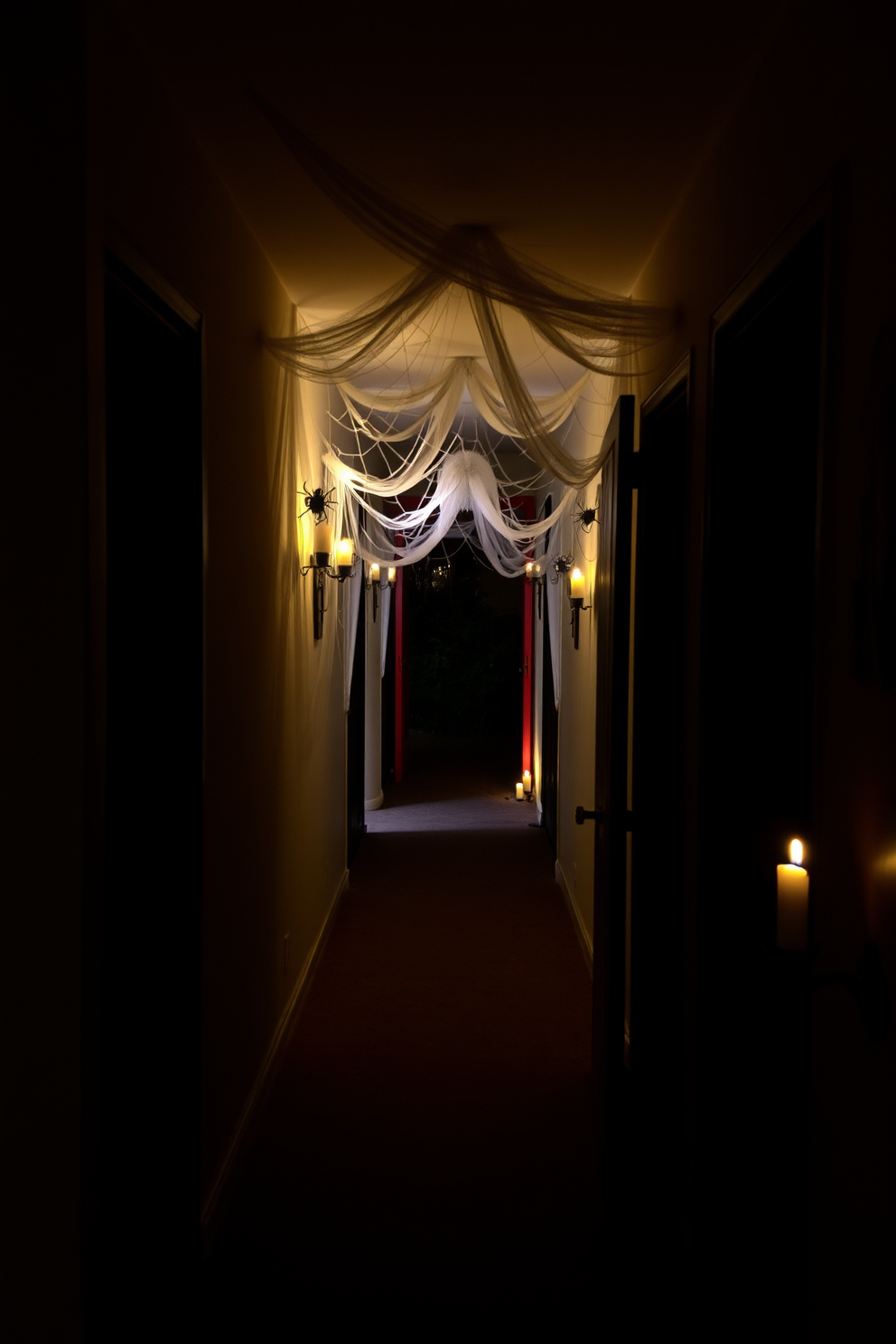 A spooky Halloween hallway adorned with spider webs stretched across doorways creates an eerie atmosphere. Dim lighting casts shadows that enhance the haunting effect, while flickering candles add a touch of mystery.