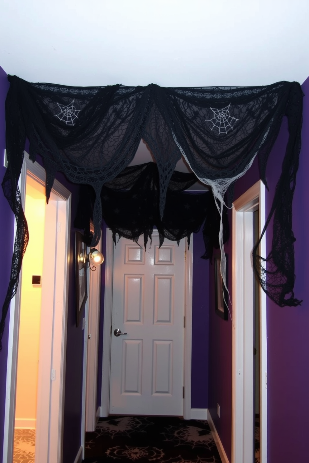 A dramatic Halloween hallway adorned with hanging black lace curtains creates an enchanting atmosphere. The walls are painted in deep purple, and scattered cobwebs add a spooky touch to the decor.