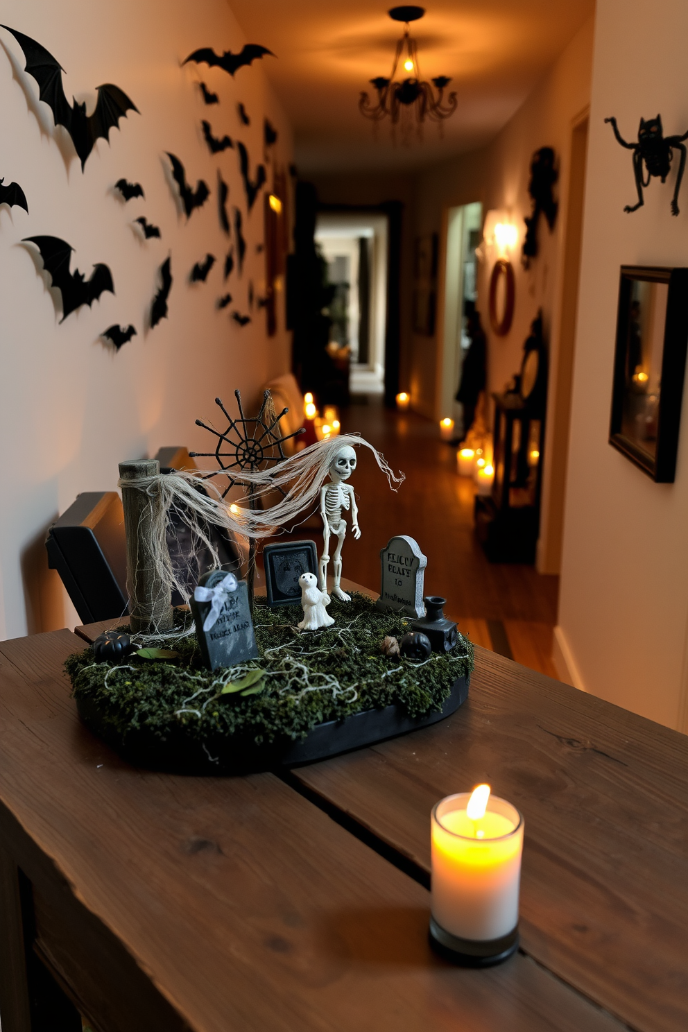 A miniature graveyard scene is set up on a rustic wooden table. It features tiny tombstones, a skeletal figure, and artificial cobwebs, creating an eerie atmosphere perfect for Halloween. The hallway is adorned with spooky decorations, including hanging bats and ghostly figures. Flickering LED candles line the walls, casting shadows that enhance the Halloween spirit.