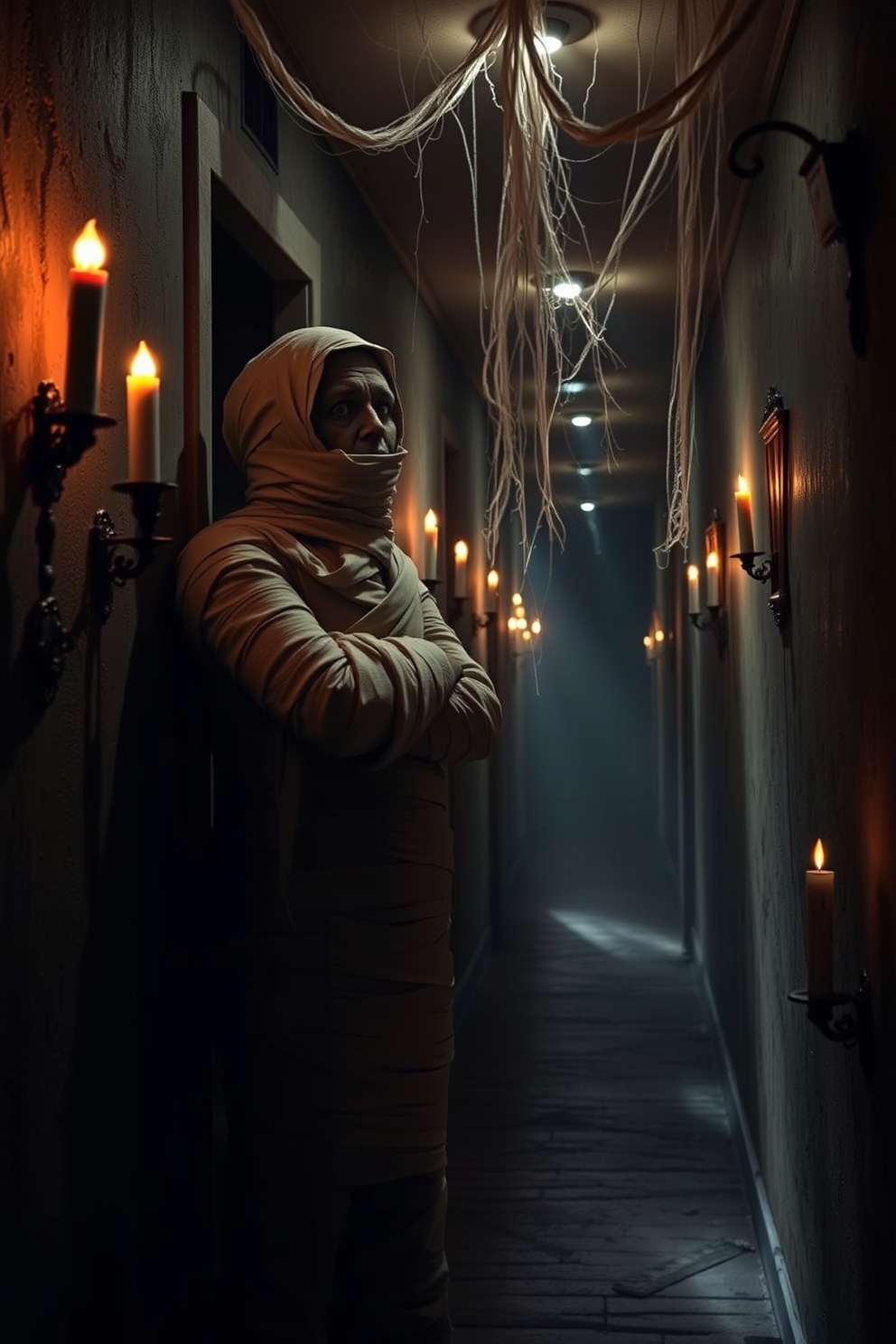 A spooky hallway adorned for Halloween features a life-sized mummy wrapped tightly in aged bandages. The dim lighting casts eerie shadows, enhancing the chilling atmosphere as cobwebs drape from the ceiling and flickering candles line the walls.