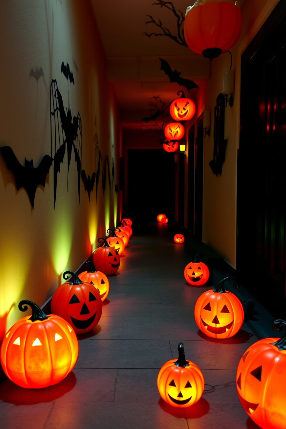 Create a festive Halloween hallway adorned with glowing pumpkin lanterns that line the floor. The warm, flickering light from the lanterns casts playful shadows on the walls, enhancing the spooky atmosphere.