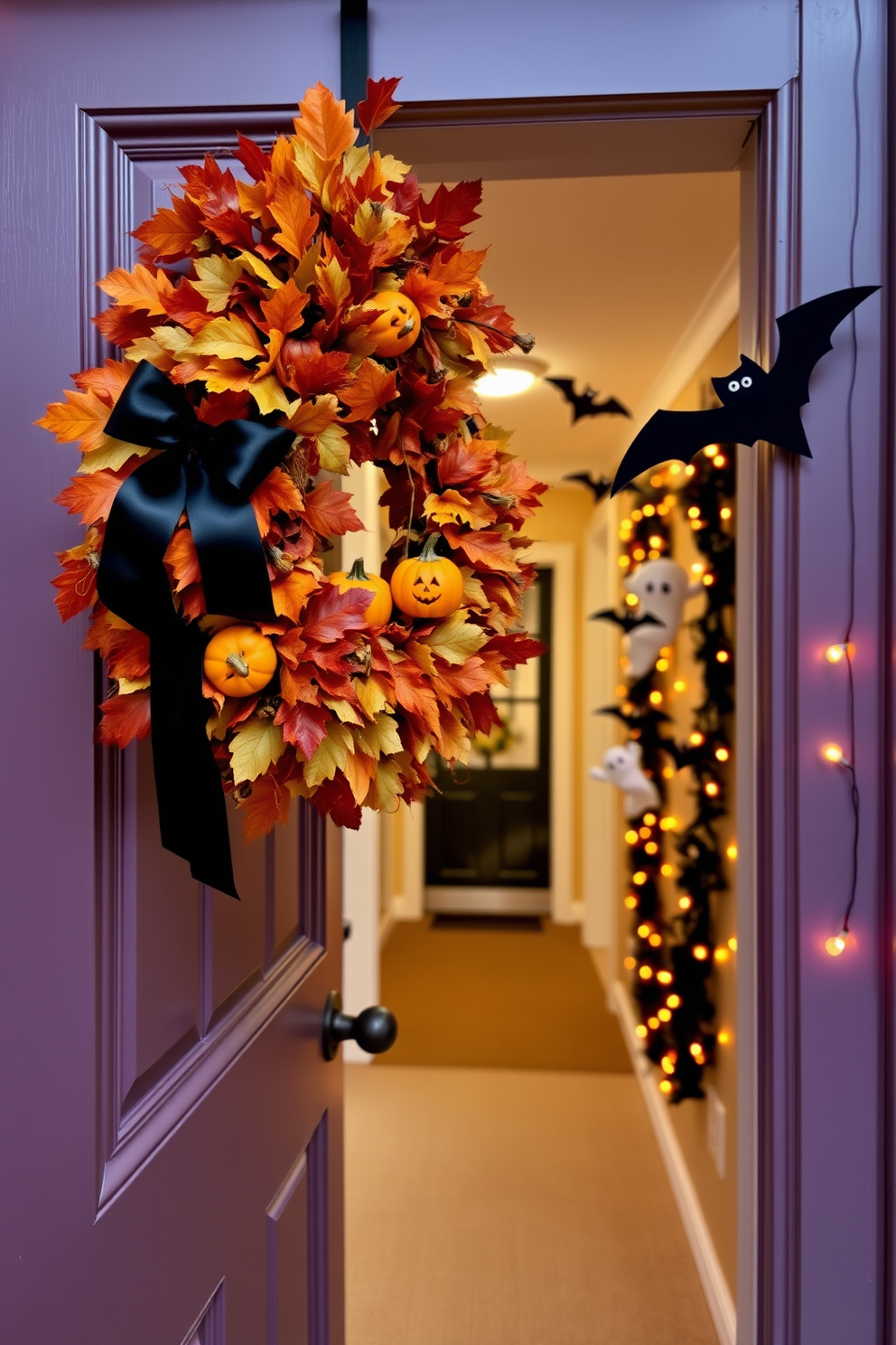 A festive Halloween wreath adorns the front door, crafted from a mix of autumn leaves, miniature pumpkins, and black ribbons. The vibrant colors create an inviting yet spooky atmosphere perfect for the season. The hallway is decorated with hanging bats and ghostly garlands, adding a playful touch to the space. Soft orange lights illuminate the area, enhancing the Halloween spirit while maintaining a warm ambiance.