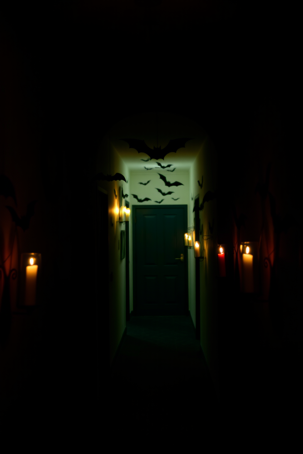 Silhouettes of bats adorn the walls, creating a spooky ambiance for Halloween. The hallway is dimly lit, with flickering candles casting eerie shadows that enhance the festive decor.