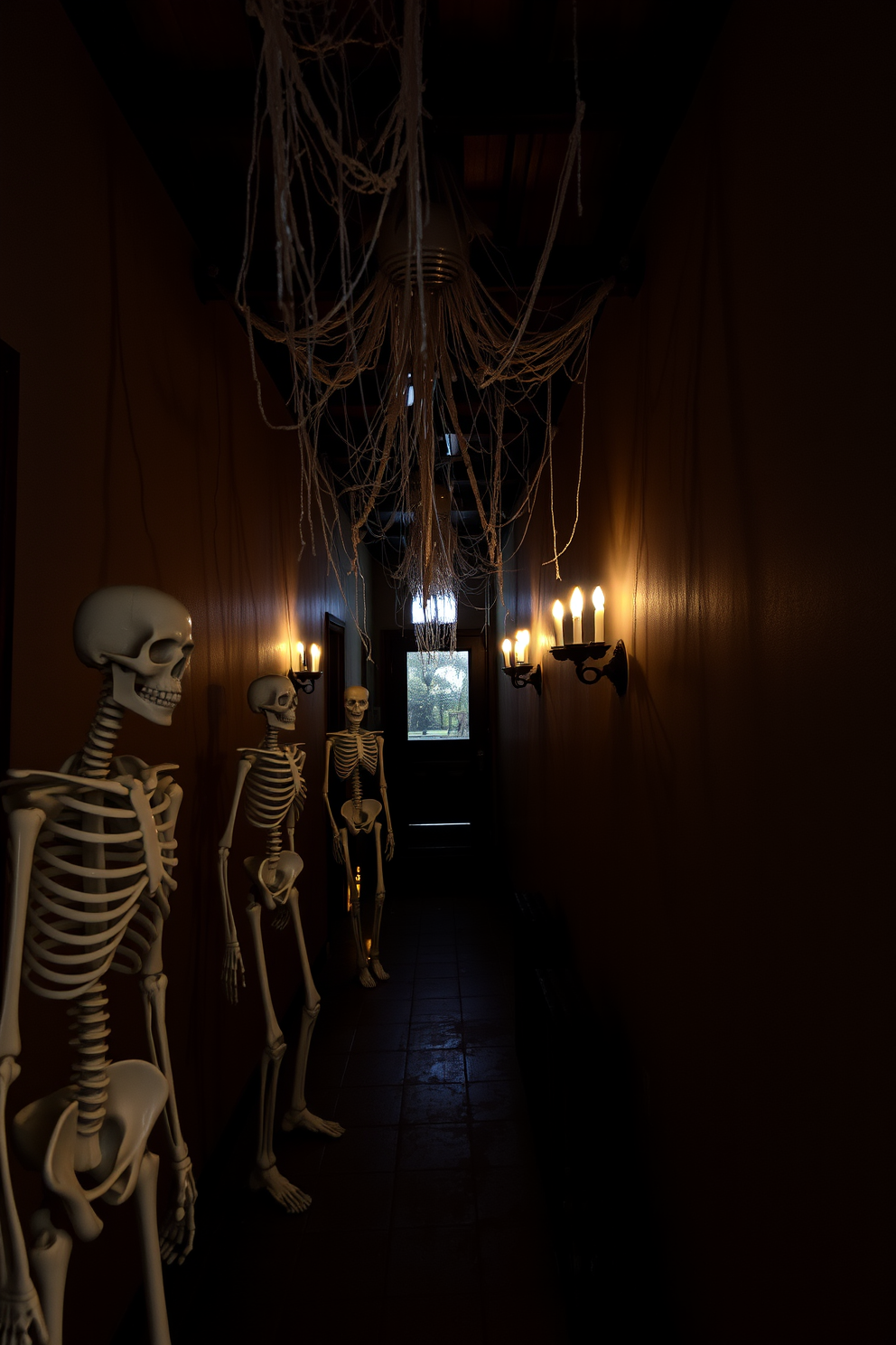 Life-sized skeletons are strategically positioned in the corners of a dimly lit hallway. Cobwebs drape from the ceiling, and flickering candles cast eerie shadows on the walls, creating a spooky atmosphere.