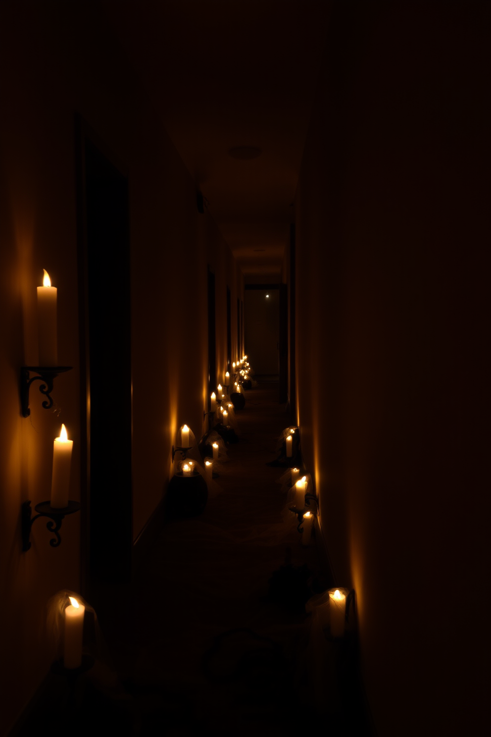 A dimly lit hallway adorned with flickering LED candles casting soft shadows on the walls. The floor is lined with cobwebs and spooky decorations, creating an eerie ambiance perfect for Halloween.