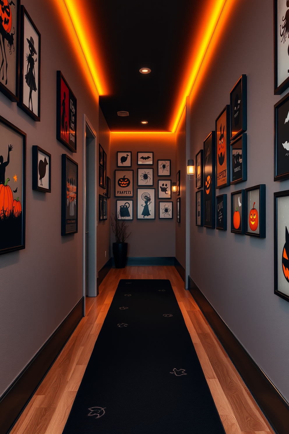 A striking hallway adorned with black and orange themed wall art creates a festive Halloween atmosphere. The walls are decorated with an array of spooky silhouettes, vibrant pumpkins, and whimsical ghost designs, all framed in sleek black frames. Soft orange lighting casts a warm glow, enhancing the dramatic effect of the artwork. A black runner rug with subtle patterns leads the way, inviting guests to explore the festive decor further.