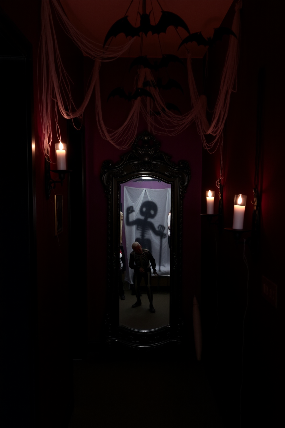 A dimly lit hallway is adorned with cobwebs and flickering candle sconces. At the end of the hallway, a haunted mirror reflects eerie shadows and ghostly figures, creating a chilling atmosphere. The walls are painted in deep shades of purple and black, enhancing the spooky vibe. Decorative elements like skeletons and bats hang from the ceiling, inviting a thrilling Halloween experience.