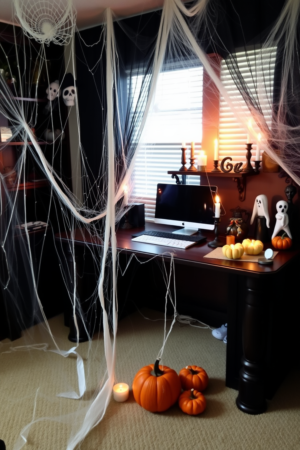 A cozy home office adorned for Halloween features a dark wooden desk draped with spooky spiderwebs that cascade down to the floor. Flickering candles in eerie shapes cast shadows, while a collection of miniature pumpkins and ghostly decorations add a festive touch to the workspace.