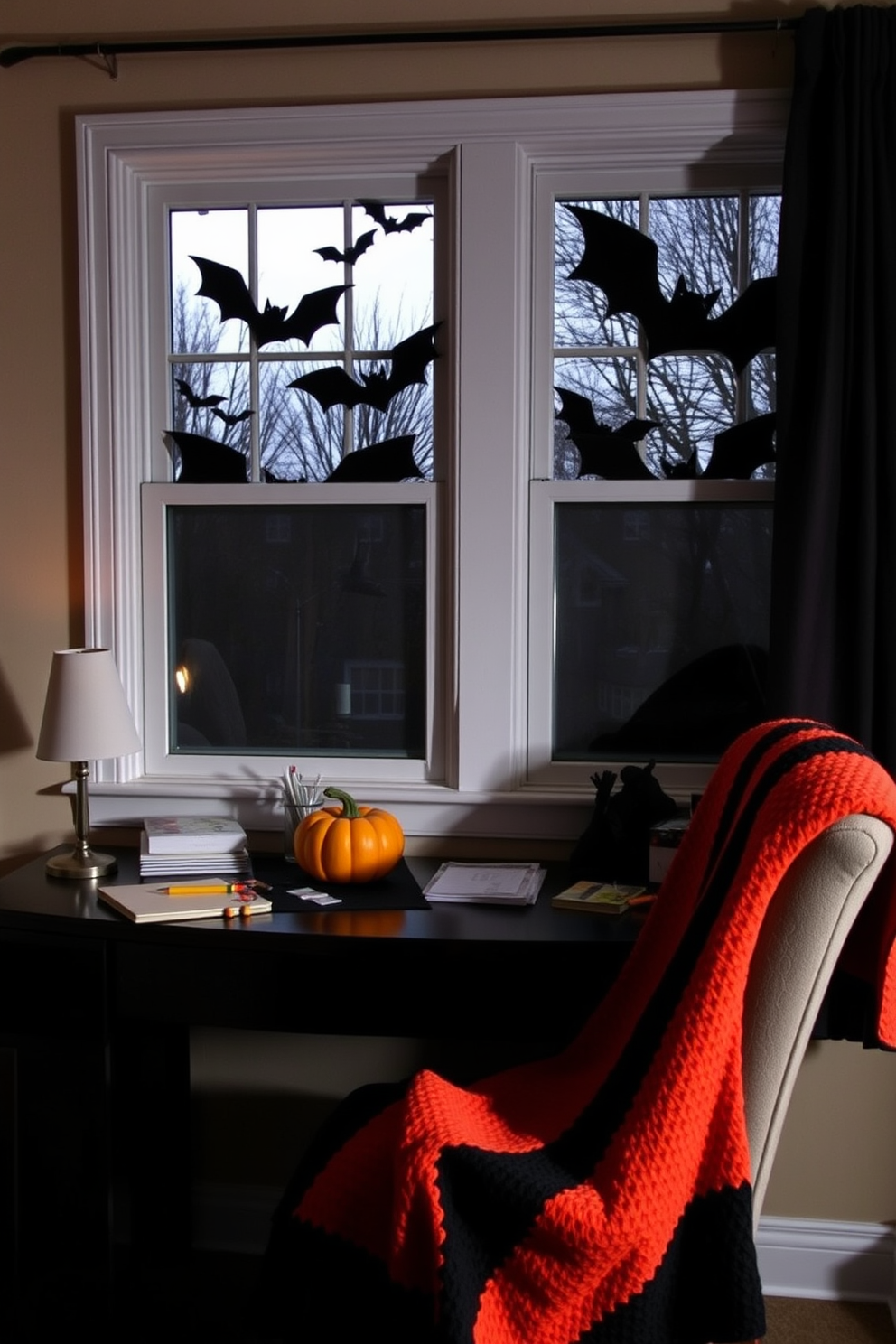 Create a cozy home office setting decorated for Halloween. The windows feature bat silhouette cutouts that cast playful shadows across the room. The desk is adorned with a small pumpkin centerpiece and spooky-themed stationery. A comfortable chair is draped with an orange and black throw blanket to enhance the festive atmosphere.