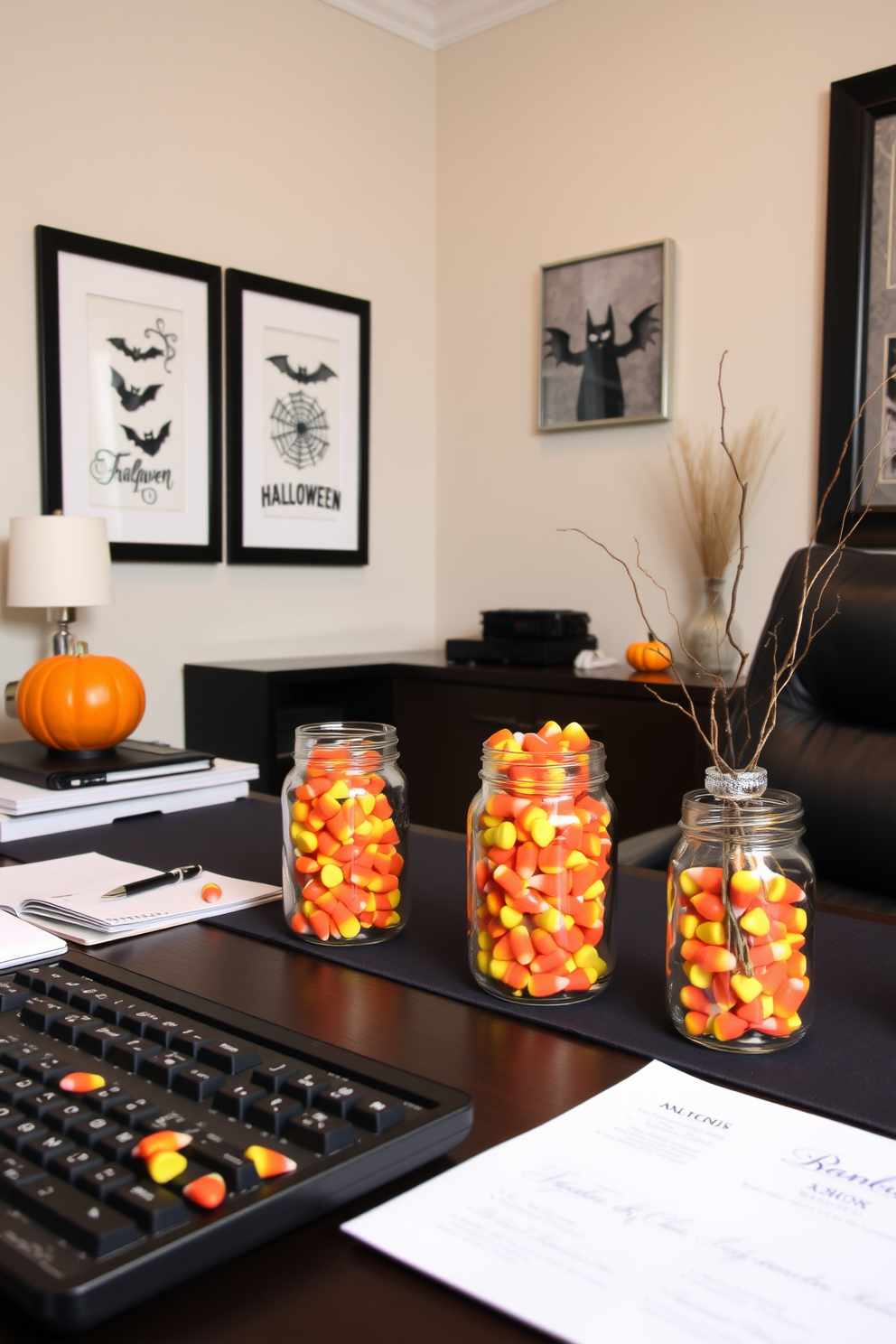 A cozy home office decorated for Halloween features mason jars filled with vibrant candy corn placed on the desk. The walls are adorned with subtle Halloween-themed artwork, creating a festive yet professional atmosphere.