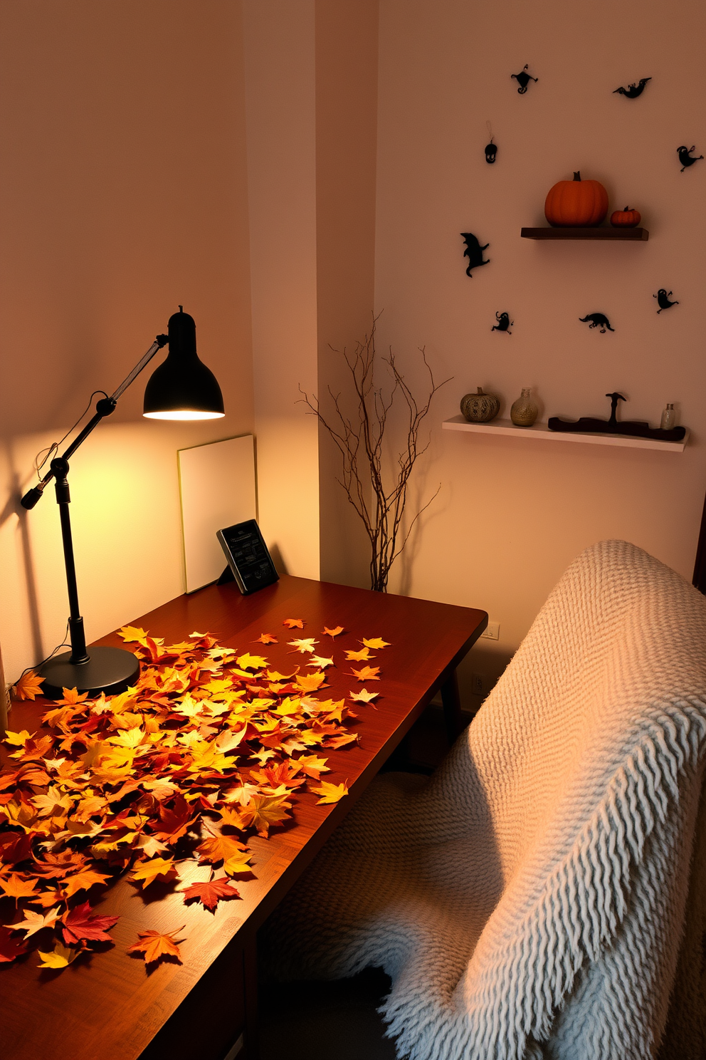 A cozy home office adorned with autumn leaves scattered across a wooden desk. The warm hues of the leaves complement the soft lighting from a stylish desk lamp, creating an inviting workspace. On the walls, subtle Halloween decorations add a playful touch, featuring small pumpkins and ghostly silhouettes. A comfortable chair with a plush throw invites you to sit and enjoy the seasonal ambiance.