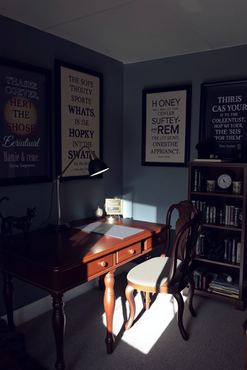 A cozy home office adorned with spooky quotes printed and framed on the walls. The desk is made of dark wood, complemented by an antique chair, and a black cat figurine sits on the corner of the desk. Dim lighting creates an eerie atmosphere, with a vintage lamp casting shadows across the room. A small bookshelf filled with Halloween-themed books and decorations adds to the festive spirit.