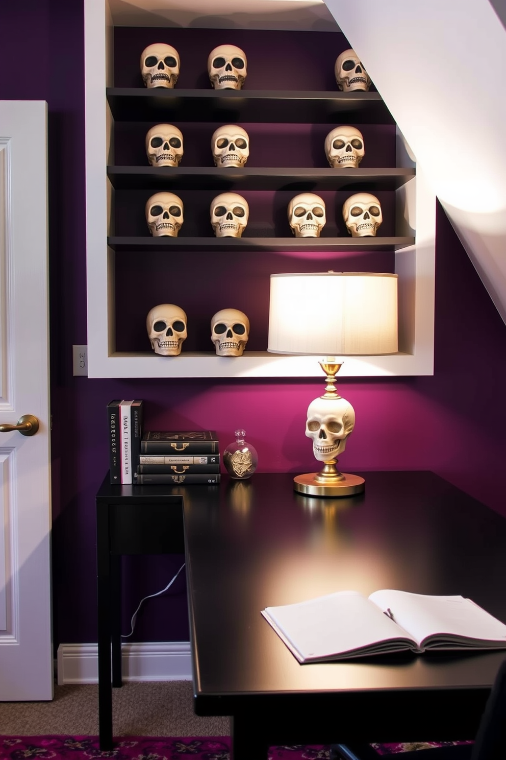 A stylish home office featuring decorative skulls creatively placed throughout the space. A black desk sits against a deep purple wall, adorned with elegant skull accents on the shelves and a unique skull lamp illuminating the workspace.